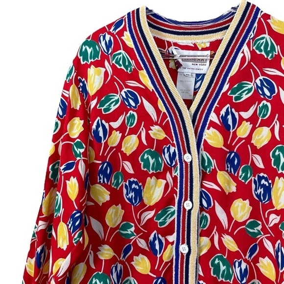 Castleberry Floral Tulips Lightweight Cardigan Sweater Red Blue Yellow Size 12 - Picture 3 of 10
